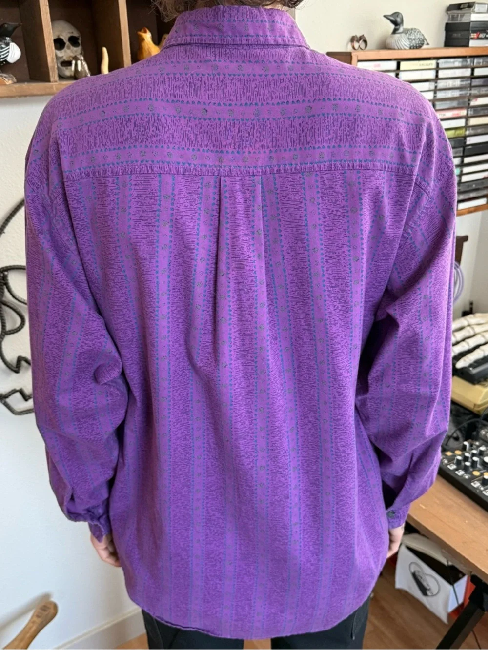 Vintage 80s Purple Abstract Striped L/S Button Down Shirt ~ Size Large - Picture 5 of 7